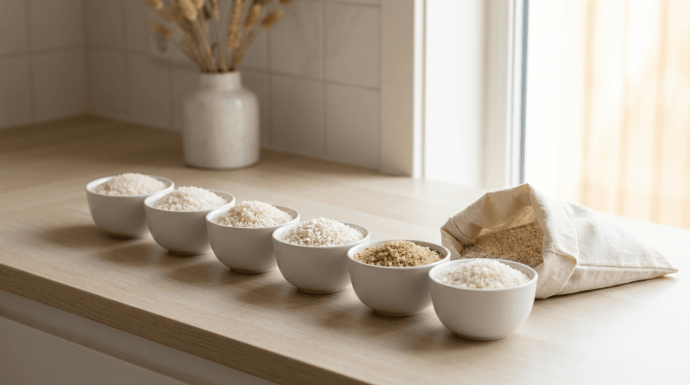 Different varieties of rice in white bowls beside an unbranded bag of rice on a bright kitchen counter, neutral grocery comparison