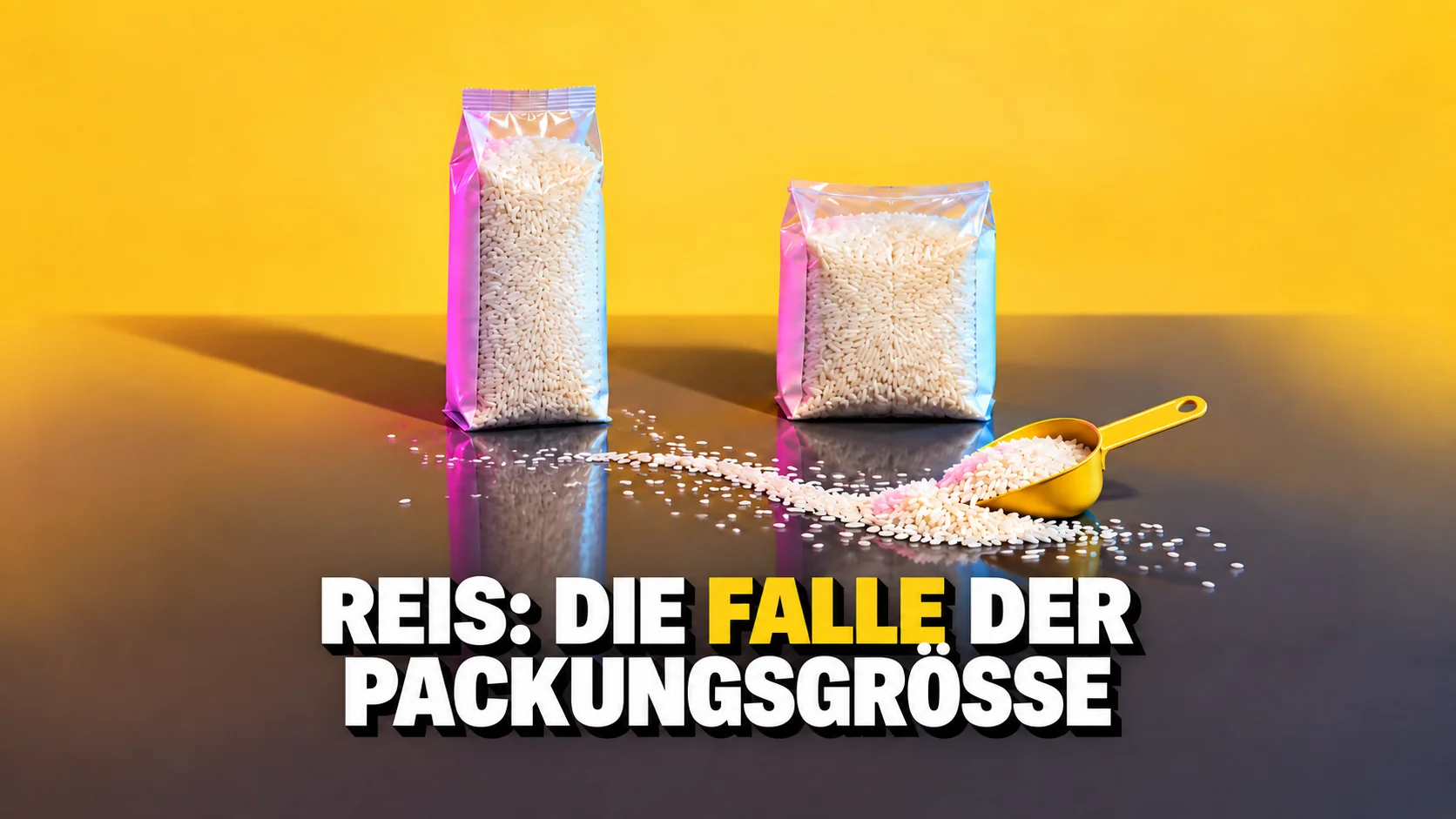 Zwei unbeschriftete Reispackungen, eine hohe und eine breite, in farbigem Studiolicht