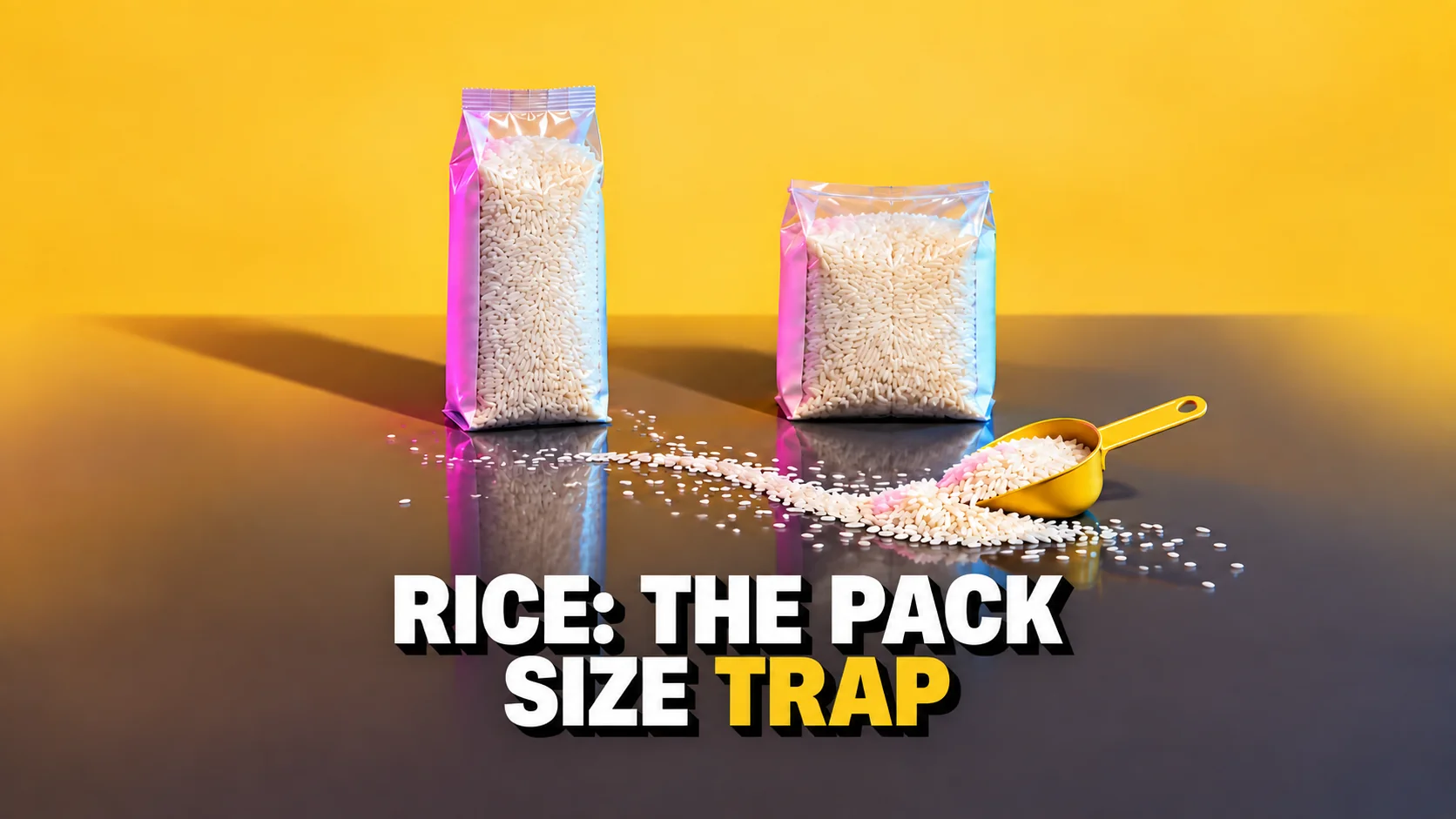 Two unlabelled rice packs, one tall and one wide, lit with coloured studio gels