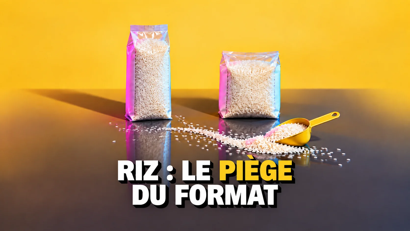 Deux sachets de riz sans étiquette, un haut et un large, sous des lumières colorées