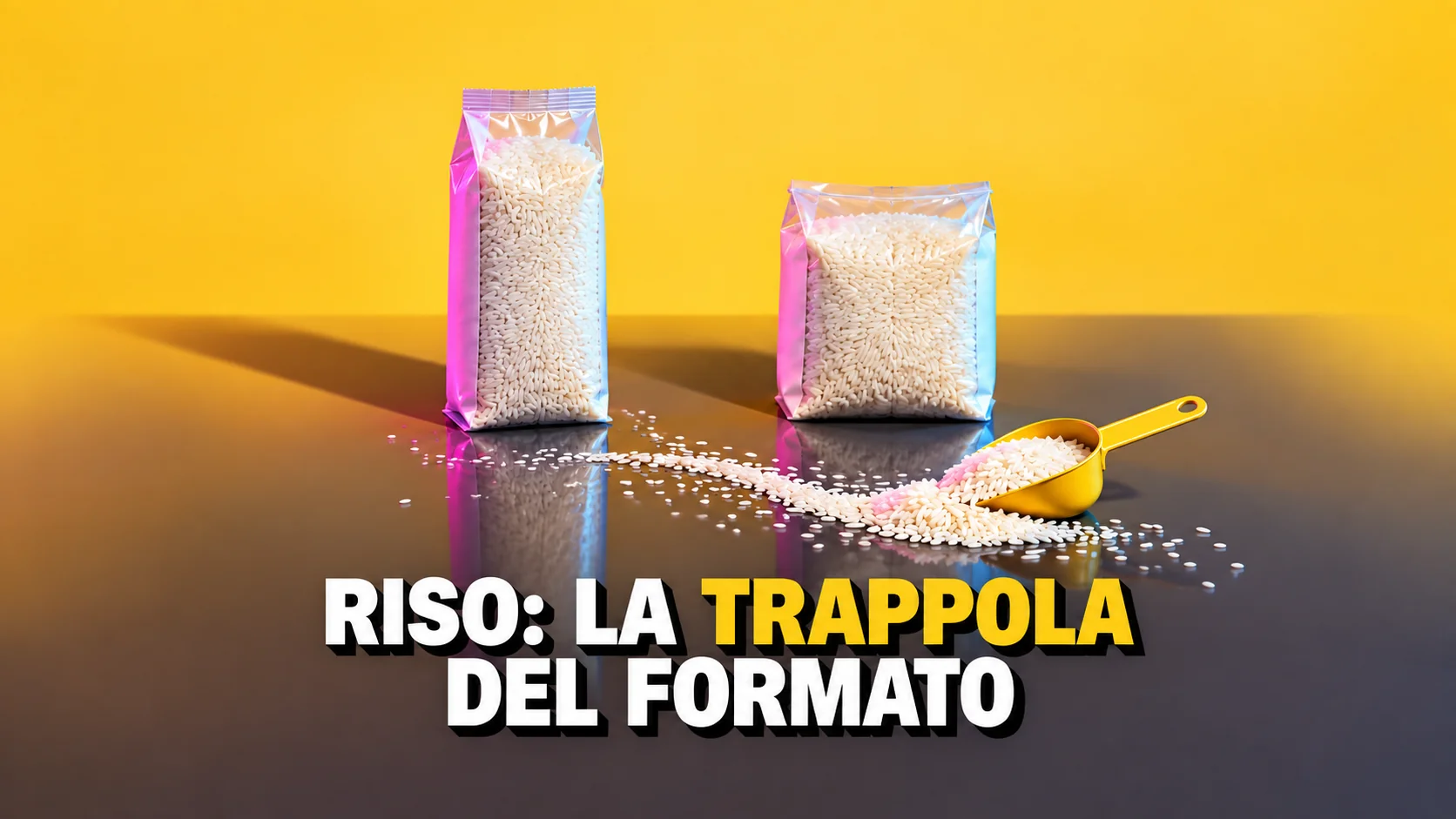 Due sacchetti di riso senza etichetta, uno alto e uno largo, illuminati con luci colorate