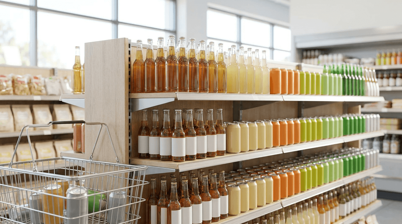 Assorted unbranded soft-drink bottles and cans on a bright Swiss supermarket shelf, with a shopping basket, illustrating where colas, iced teas and energy drinks are cheapest