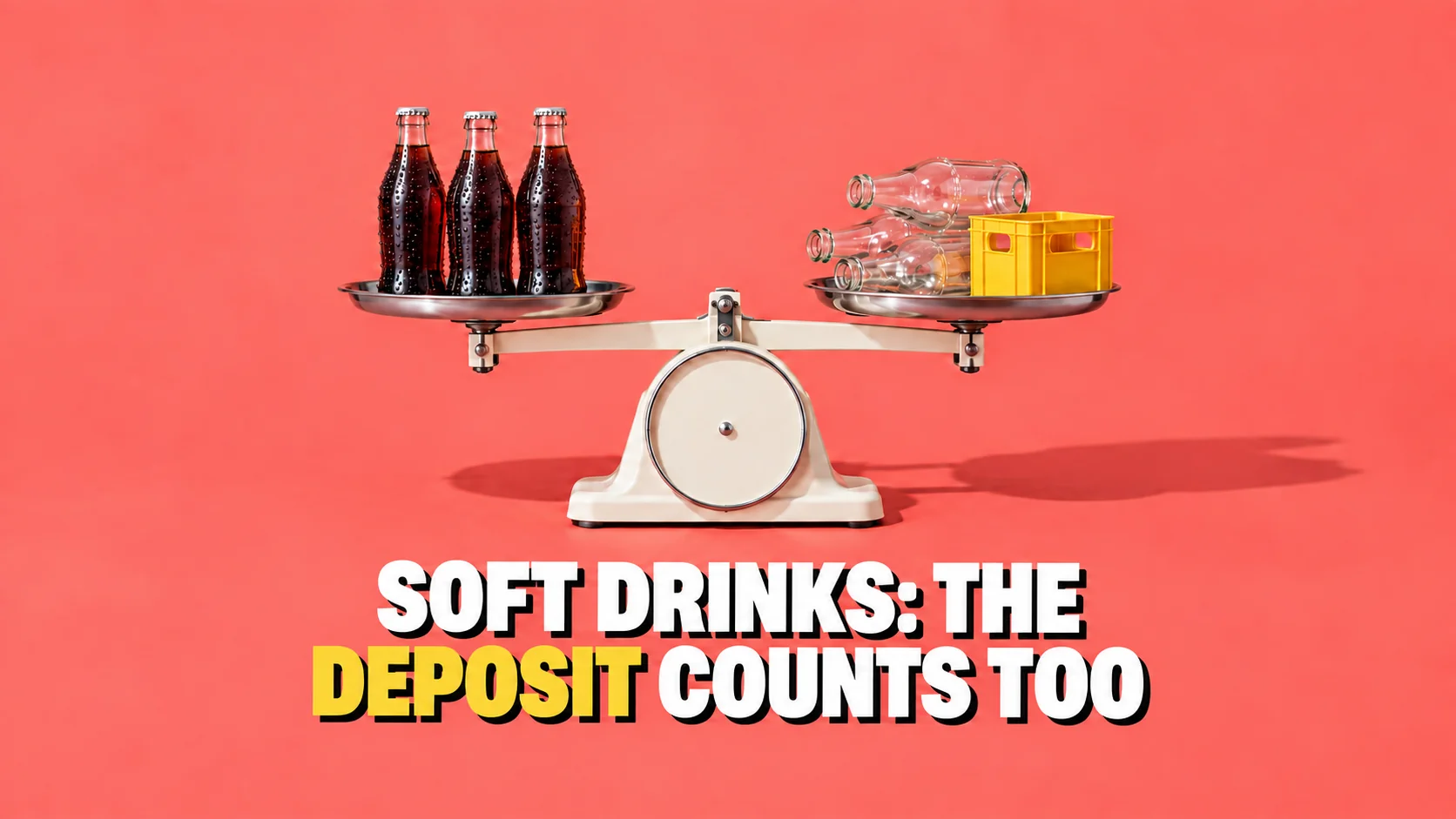 A two-pan balance with full bottles on one side and returned empties on the other