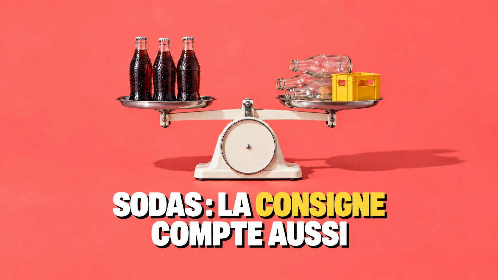 Balance à deux plateaux, bouteilles pleines d’un côté, vides consignés de l’autre