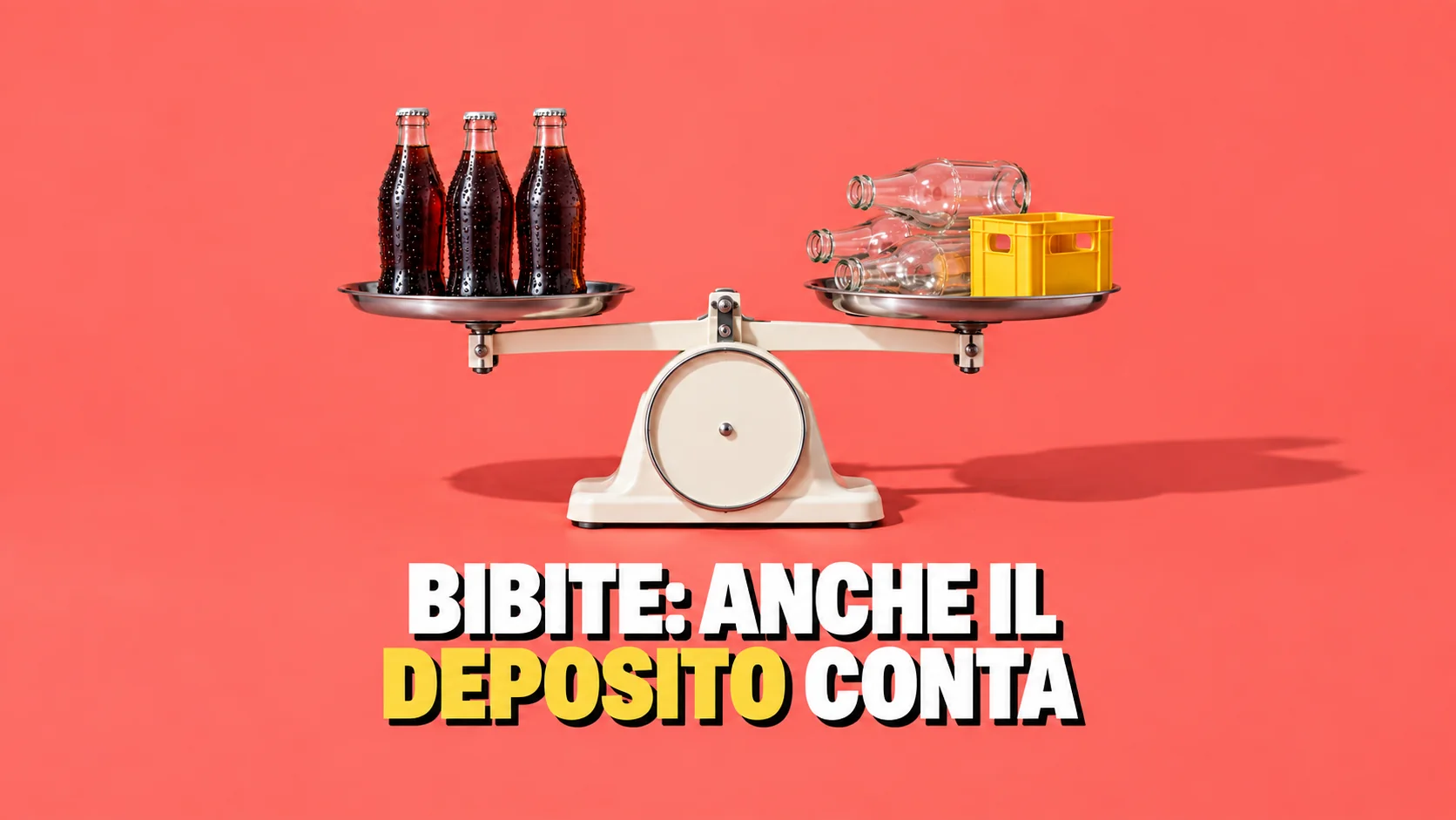 Bilancia a due piatti con bottiglie piene da un lato e vuoti a rendere dall’altro