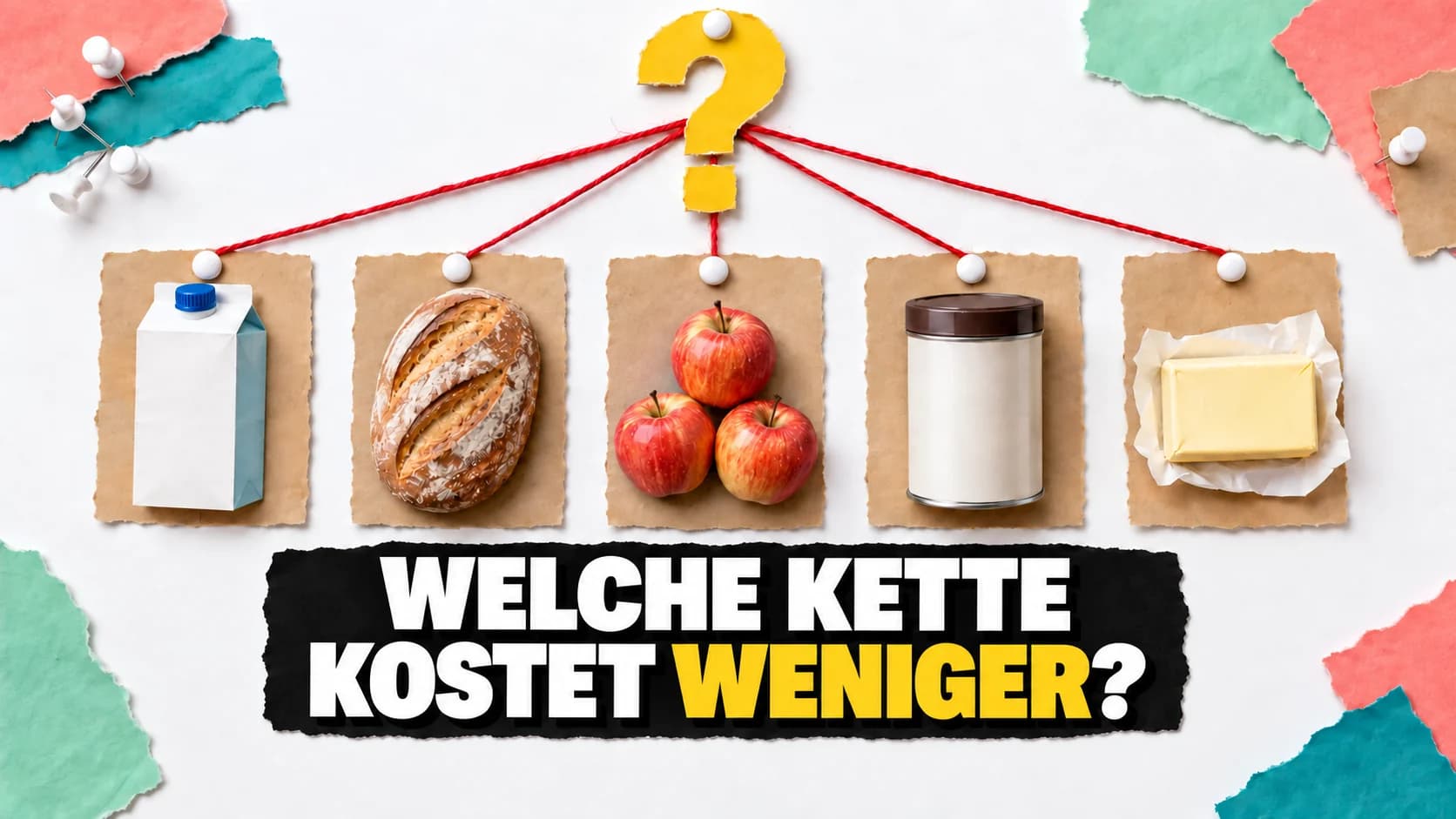Papiercollage mit Alltagsprodukten und einem grossen gelben Fragezeichen darüber.