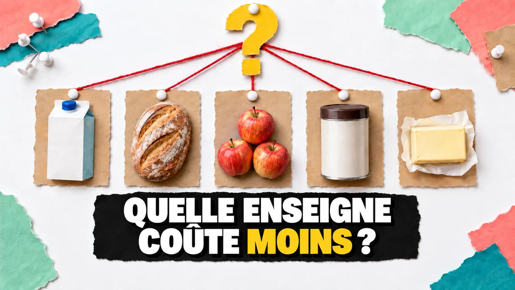Collage de produits du quotidien en papier, surmontés d’un grand point d’interrogation jaune.