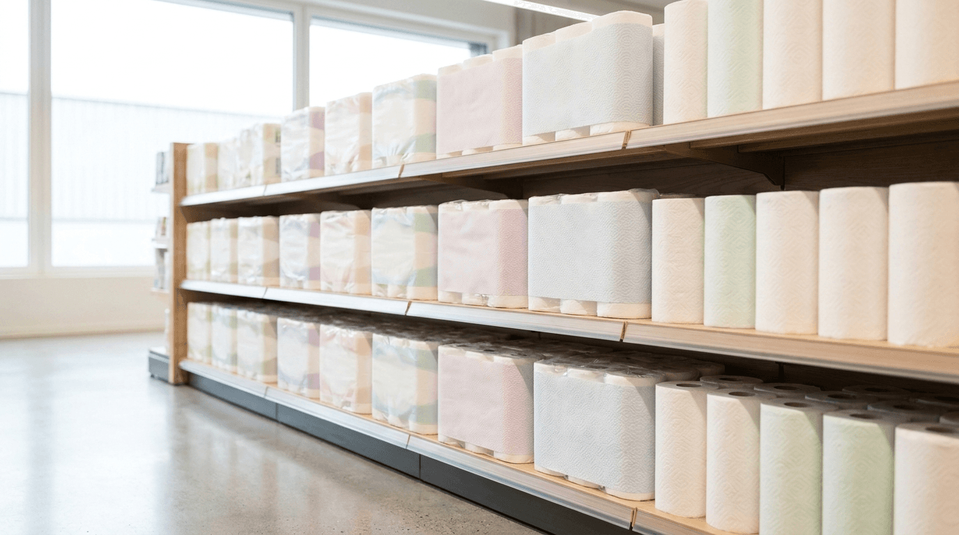 Toilet paper and kitchen roll multipacks on a bright Swiss supermarket shelf, with unit price per sheet the key to finding the cheapest