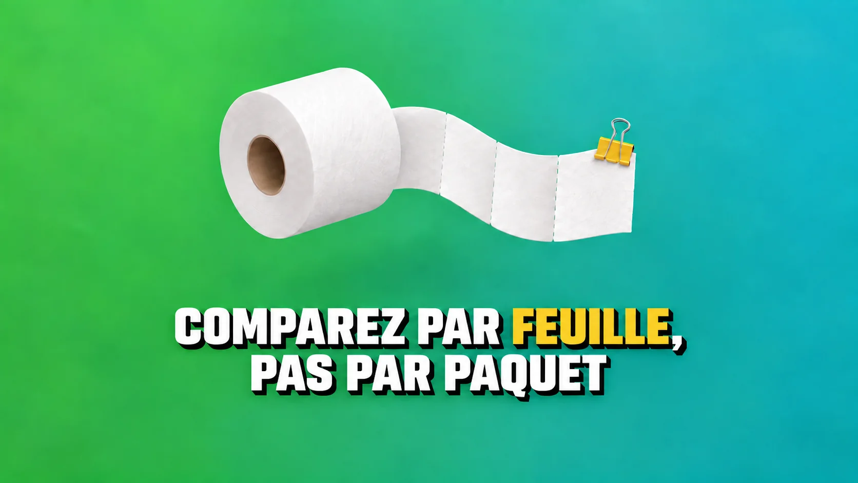 Rouleau de papier blanc avec pince jaune sur fond turquoise.