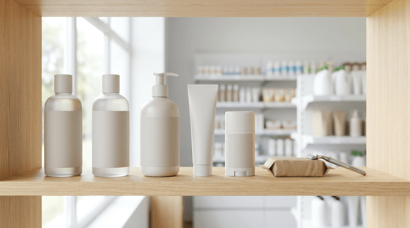 Personal-care and toiletry products including shampoo, toothpaste and deodorant arranged on a bright Swiss store shelf