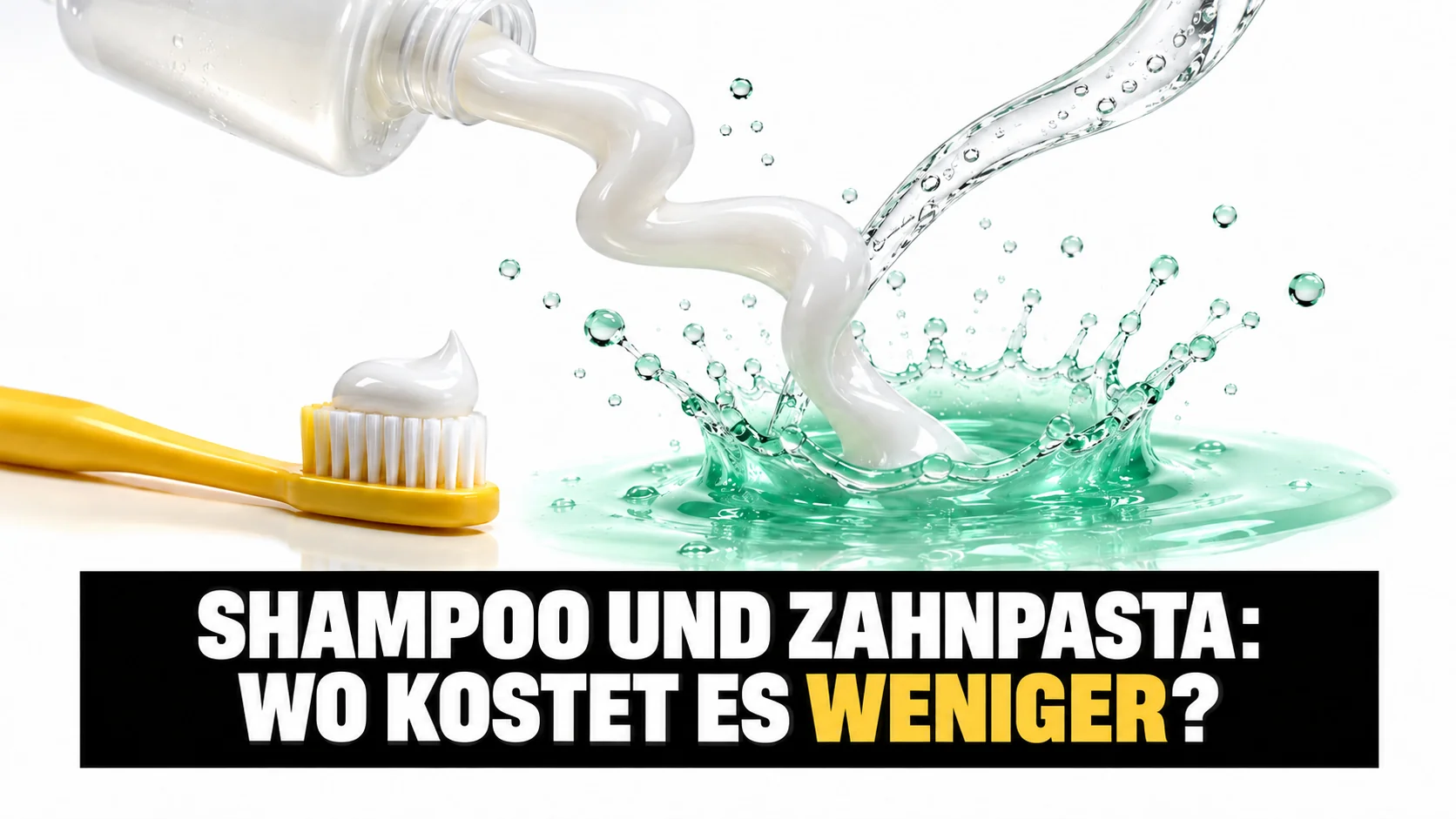 Highspeed-Aufnahme: ein perlweisses Shampoo-Band windet sich und fällt in eine mintgrüne Spritzkrone, davor eine gelbe Zahnbürste.
