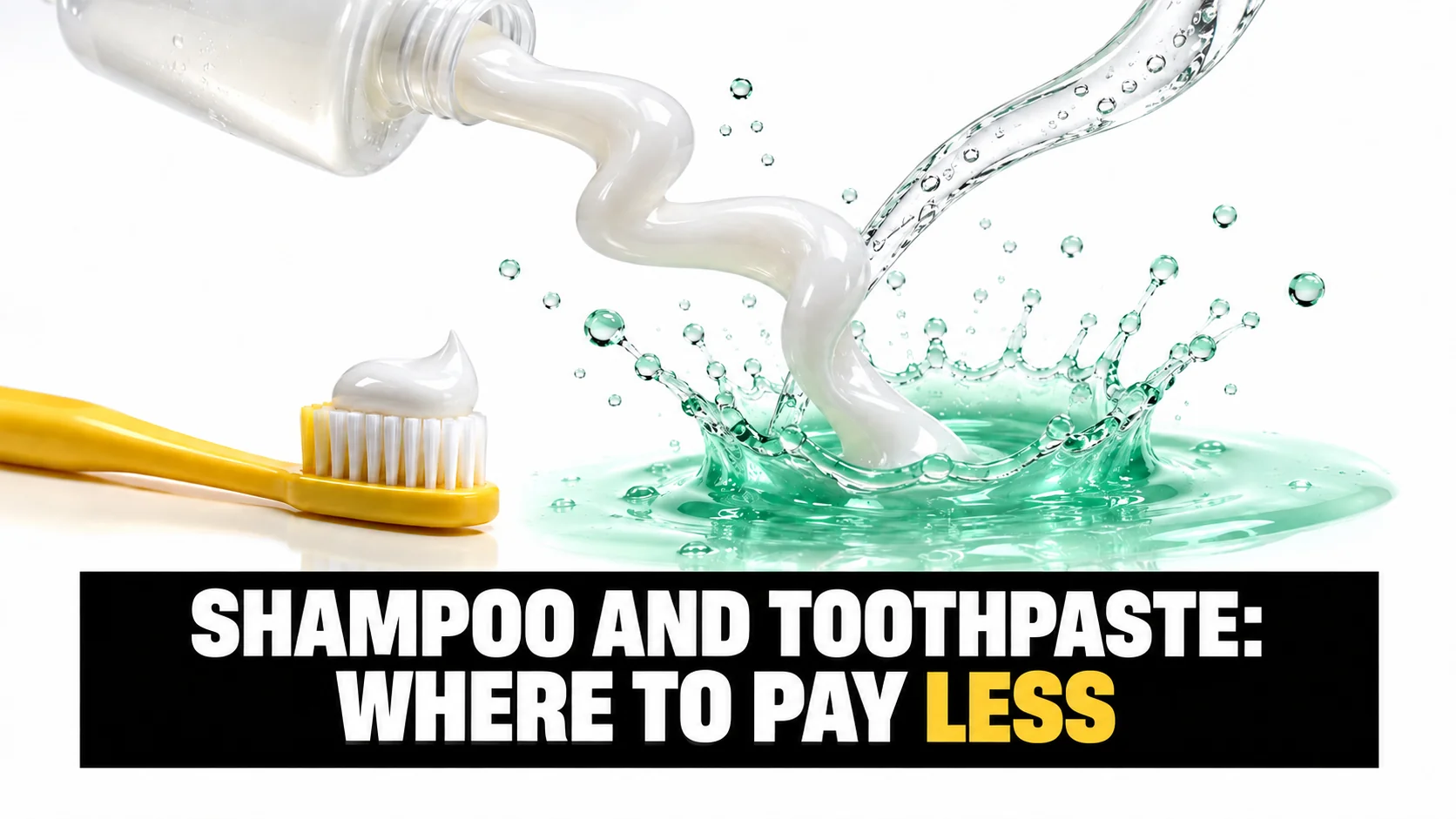 High-speed shot of a pearl-white ribbon of shampoo coiling into a mint-green crown splash, with a yellow toothbrush in front.