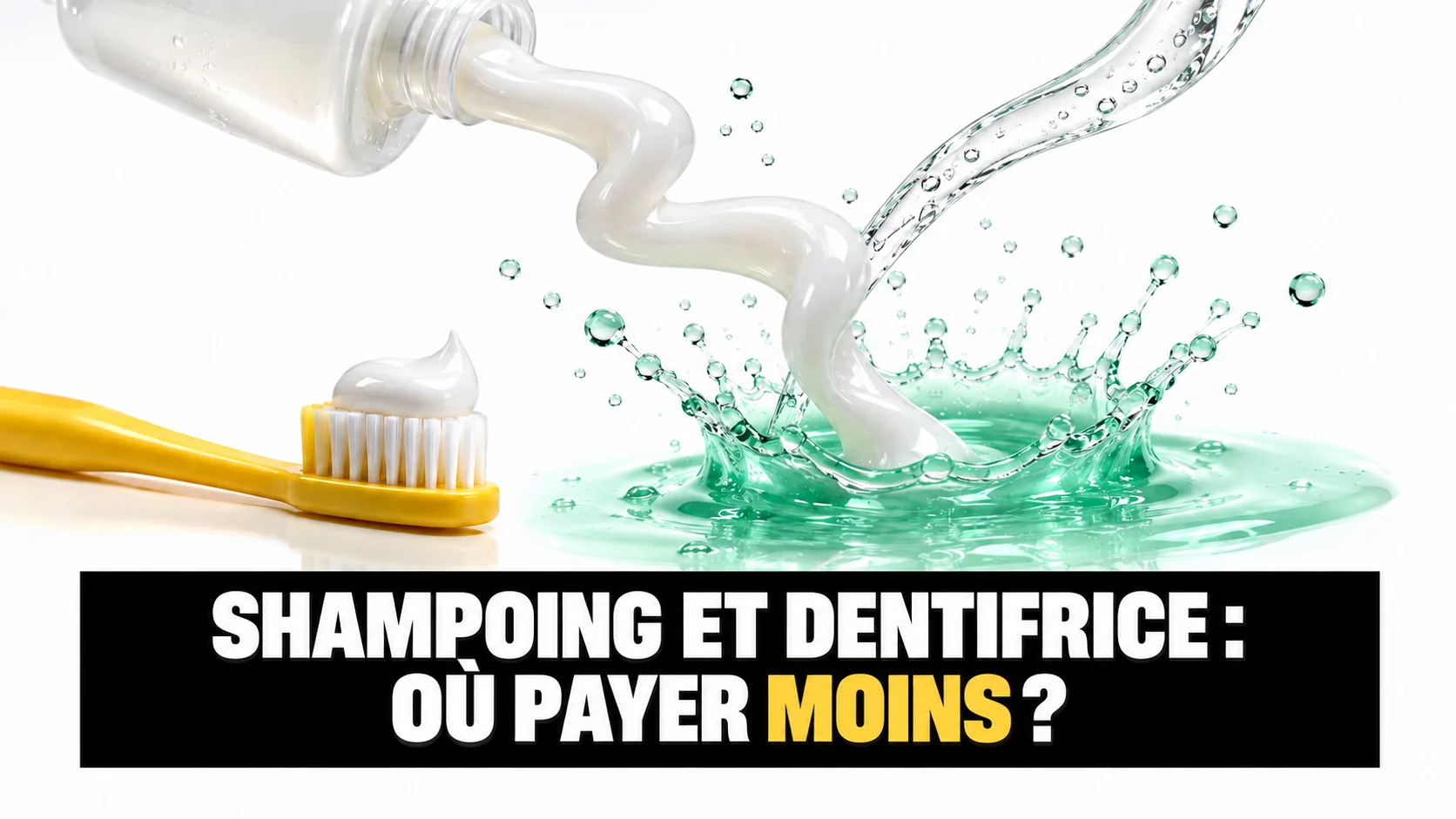 Photographie à haute vitesse : un ruban de shampoing nacré s’enroule et tombe dans une couronne d’éclaboussures vert menthe, une brosse à dents jaune posée devant.