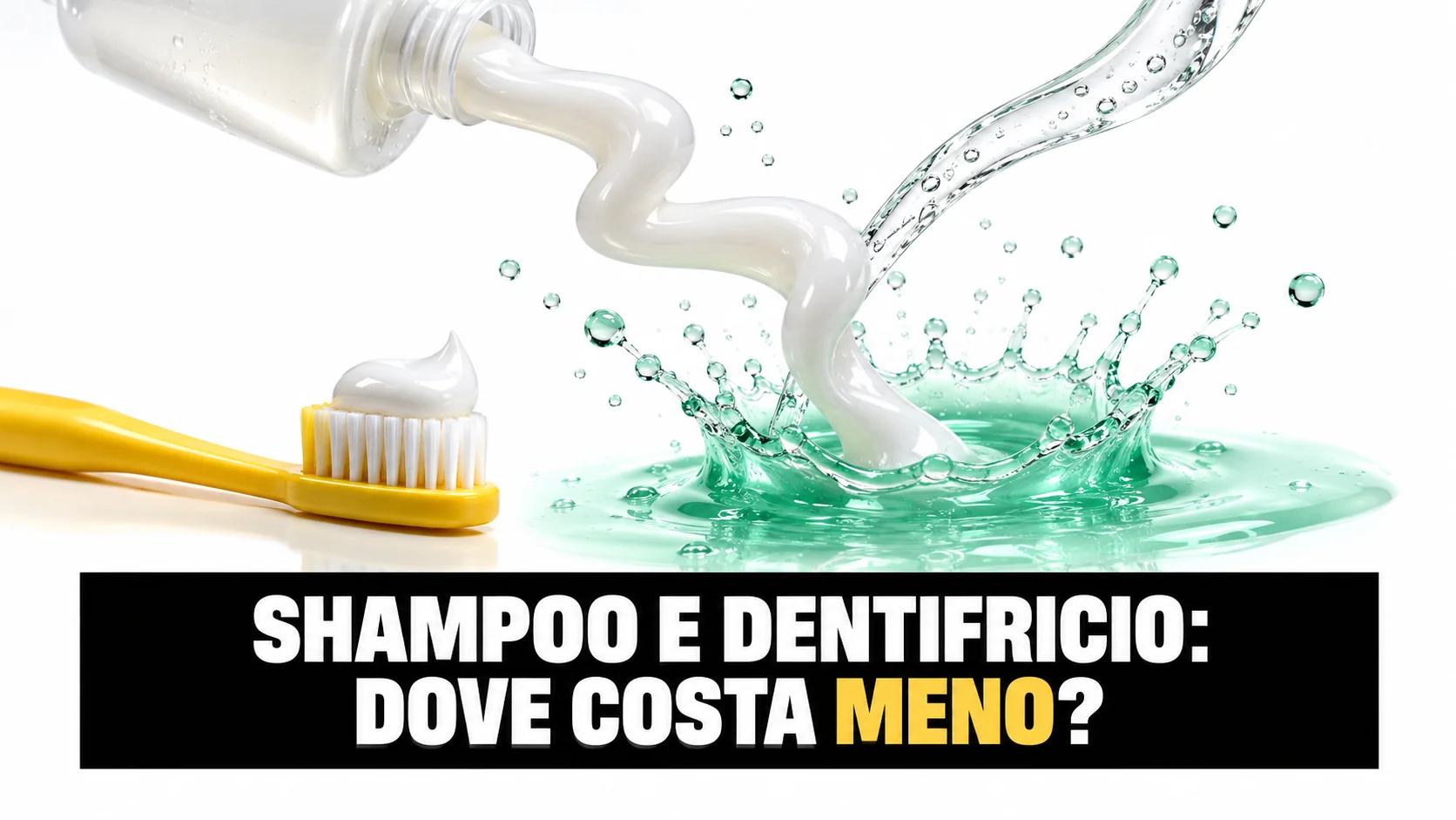 Fotografia ad alta velocità: un nastro di shampoo bianco perlato si avvolge e cade in una corona di schizzi verde menta, con uno spazzolino giallo davanti.