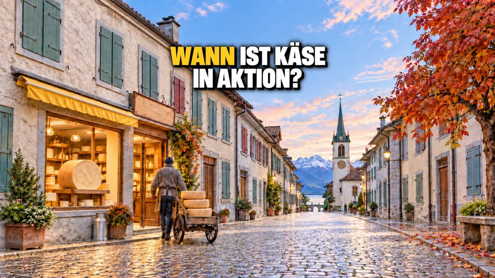Schweizer Altstadt im Morgenlicht mit beleuchteter Käserei und einem Wagen mit Käselaiben.
