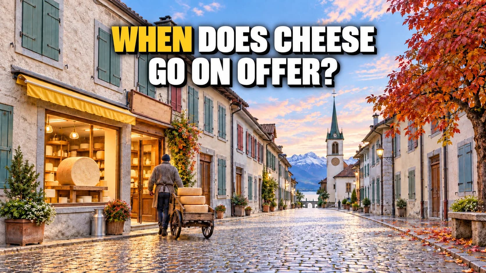 Swiss old-town street at dawn with a lit dairy and cart of cheese wheels.