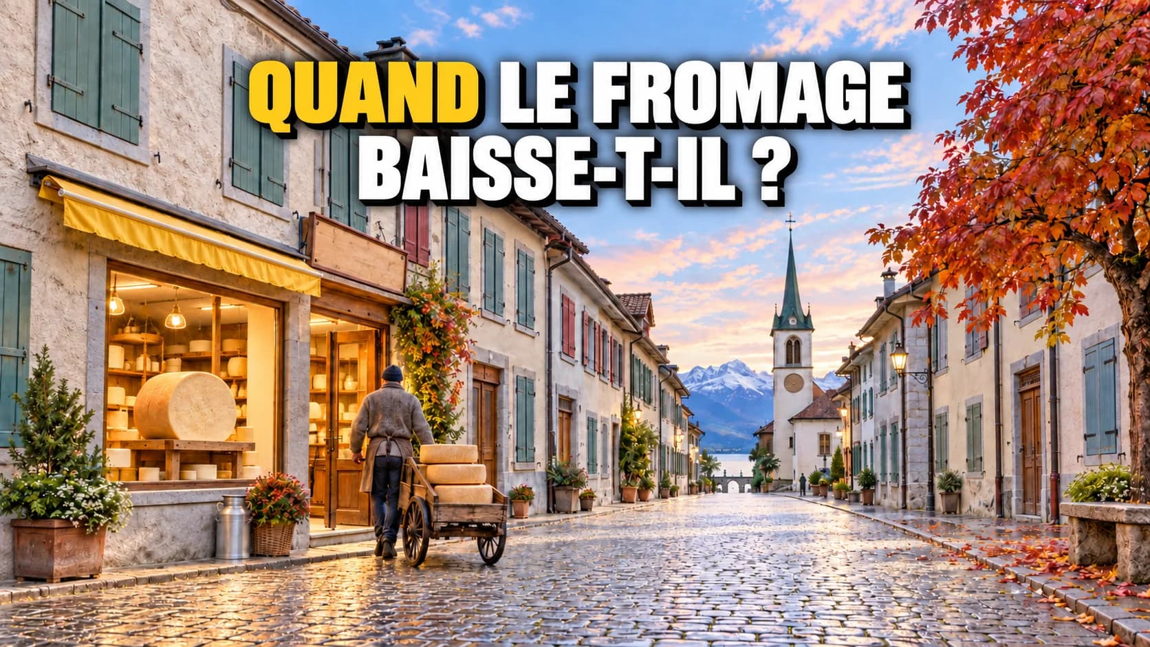 Rue suisse à l’aube avec fromagerie éclairée et chariot de meules devant la porte.