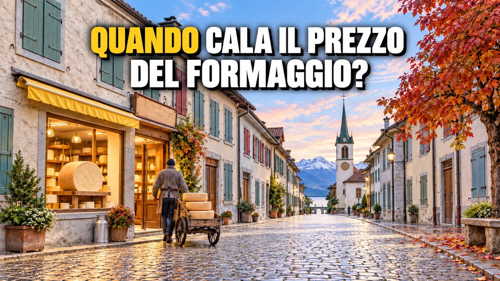 Strada di un centro storico svizzero all’alba d’autunno: una latteria con la vetrina illuminata, una forma di formaggio in mostra e un carretto con tre forme davanti alla porta