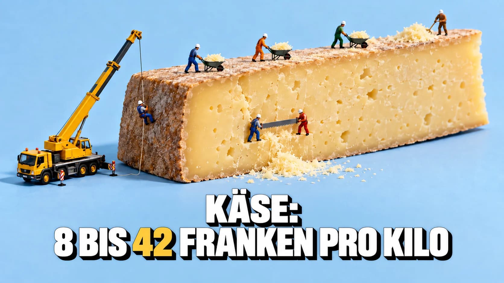 Riesiges Hartkäsestück mit winzigen Figuren, die es zersägen und abtransportieren.