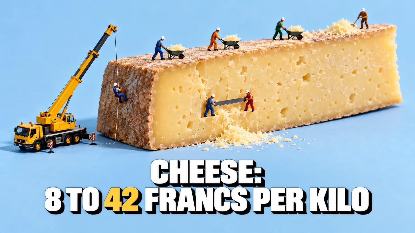 Giant wedge of hard cheese with tiny figures cutting and carrying pieces.