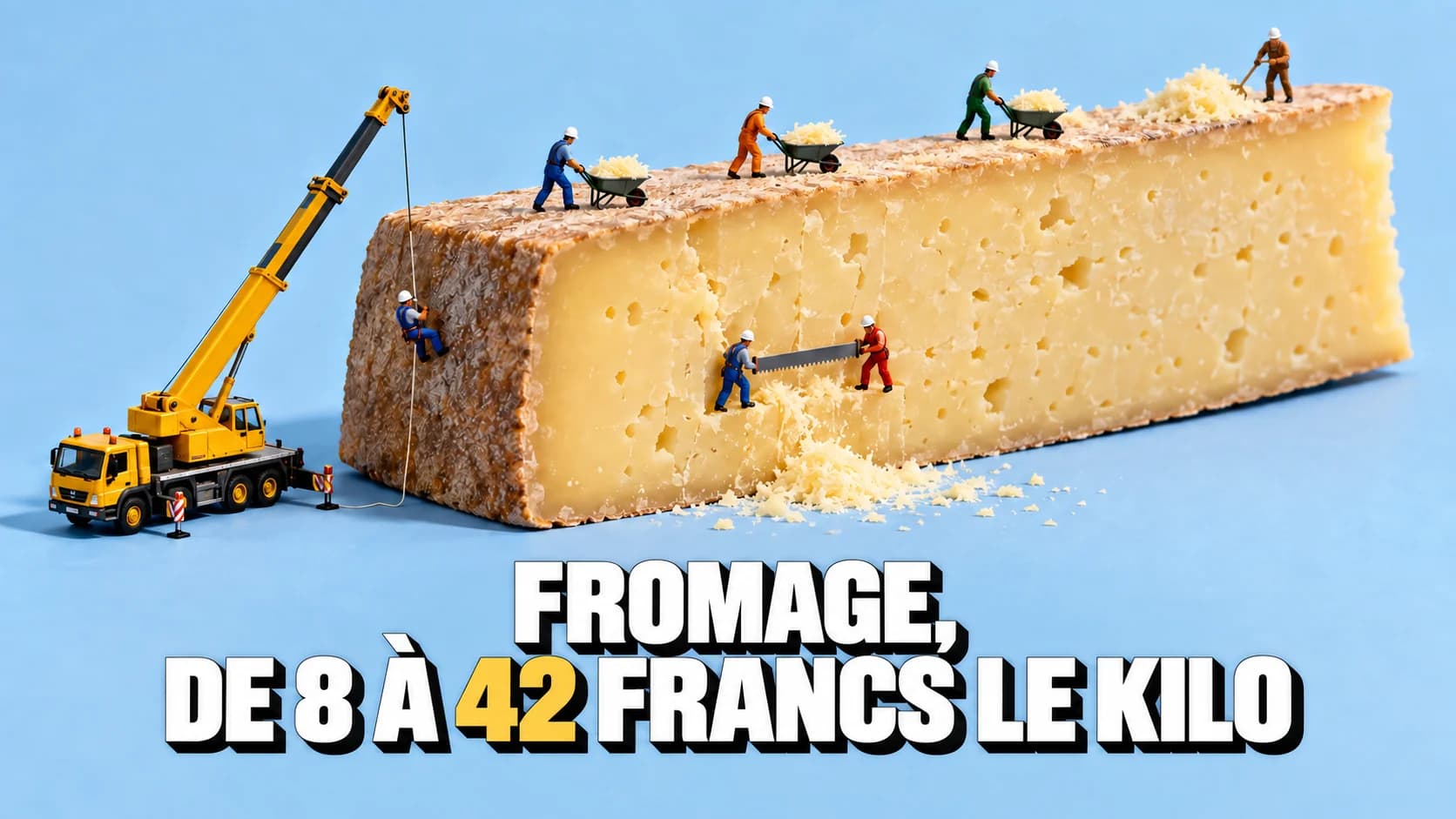 Énorme morceau de fromage à pâte dure avec de minuscules figurines qui le découpent et le transportent.