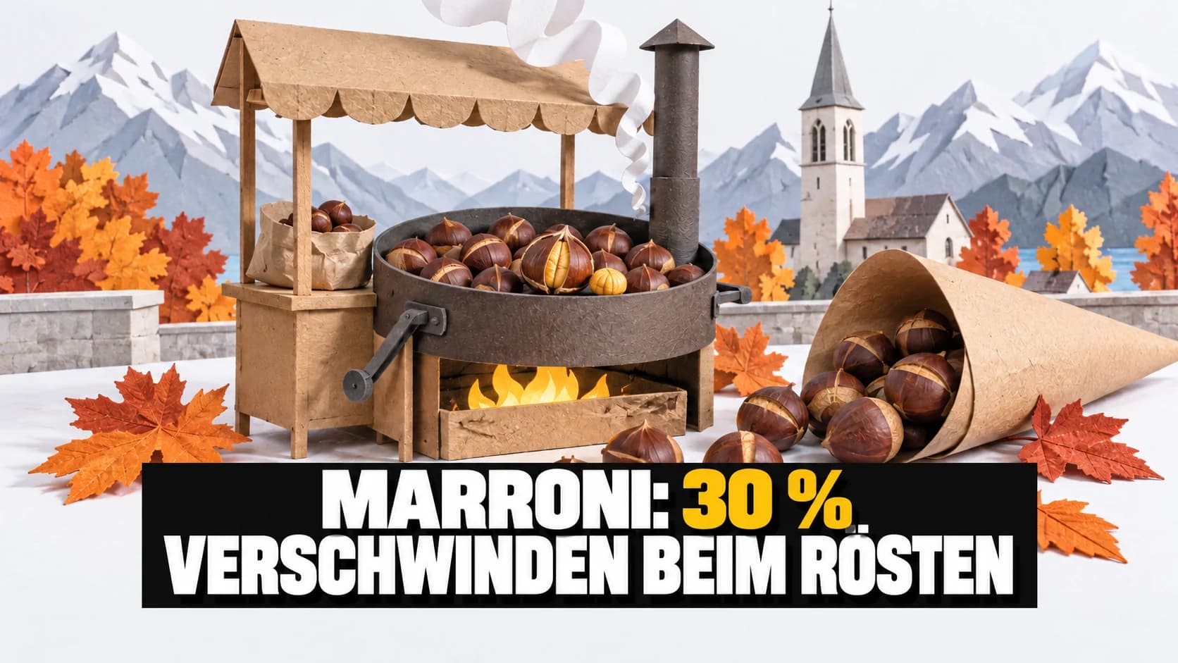 Papier-Pop-up eines Marronistands mit Papierdampf und einer geöffneten Kastanie.