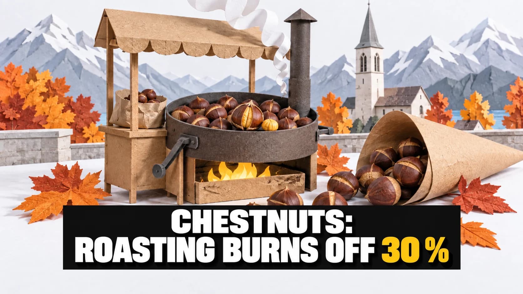 A paper pop-up chestnut stall with paper steam and an opened chestnut.