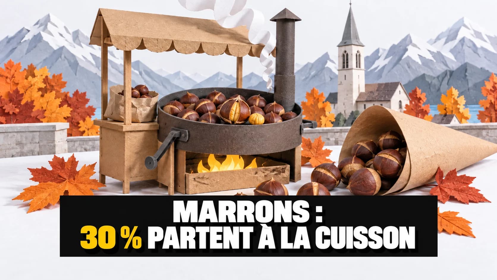 Un stand de marrons en papier pop-up, avec vapeur de papier et châtaigne ouverte.
