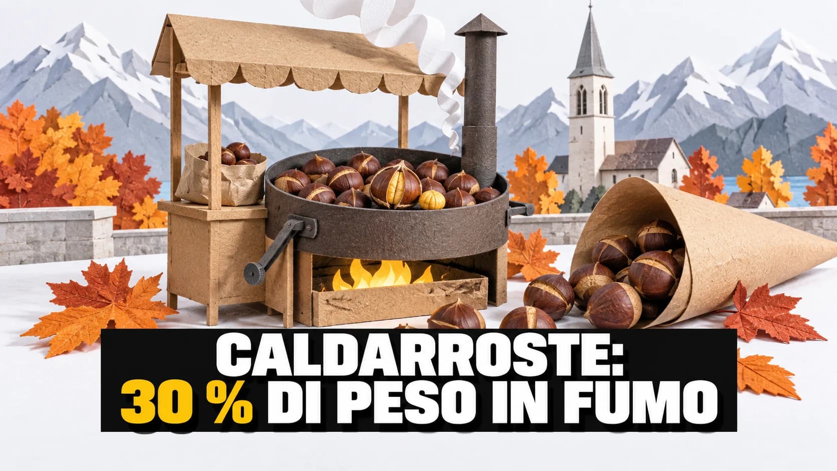 Pop-up di carta con una bancarella di caldarroste, fumo di carta e una castagna aperta il cui interno è più piccolo del guscio