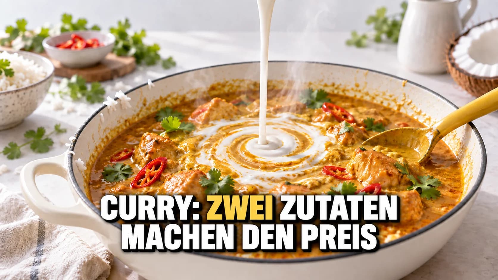 Makro: Kokosmilch, die sich spiralförmig in ein goldenes Poulet-Curry zieht