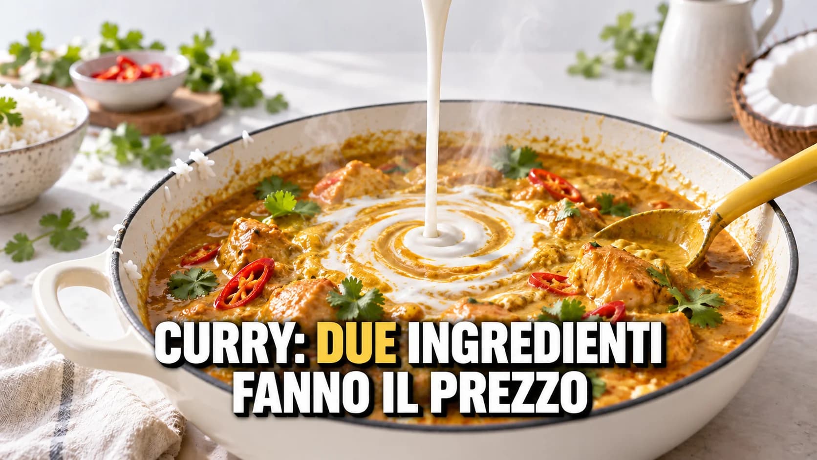 Macro di latte di cocco che si avvolge a spirale in un curry di pollo dorato