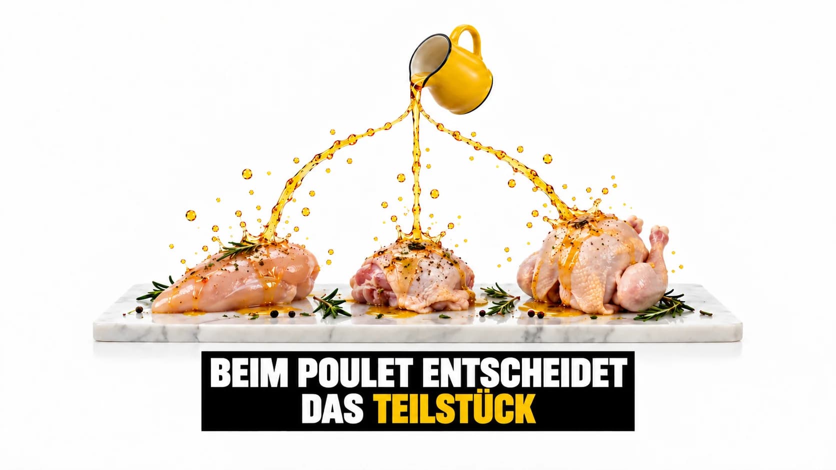 Ein Strahl goldener Marinade teilt sich in drei Strahlen über drei Poulet-Teilstücken
