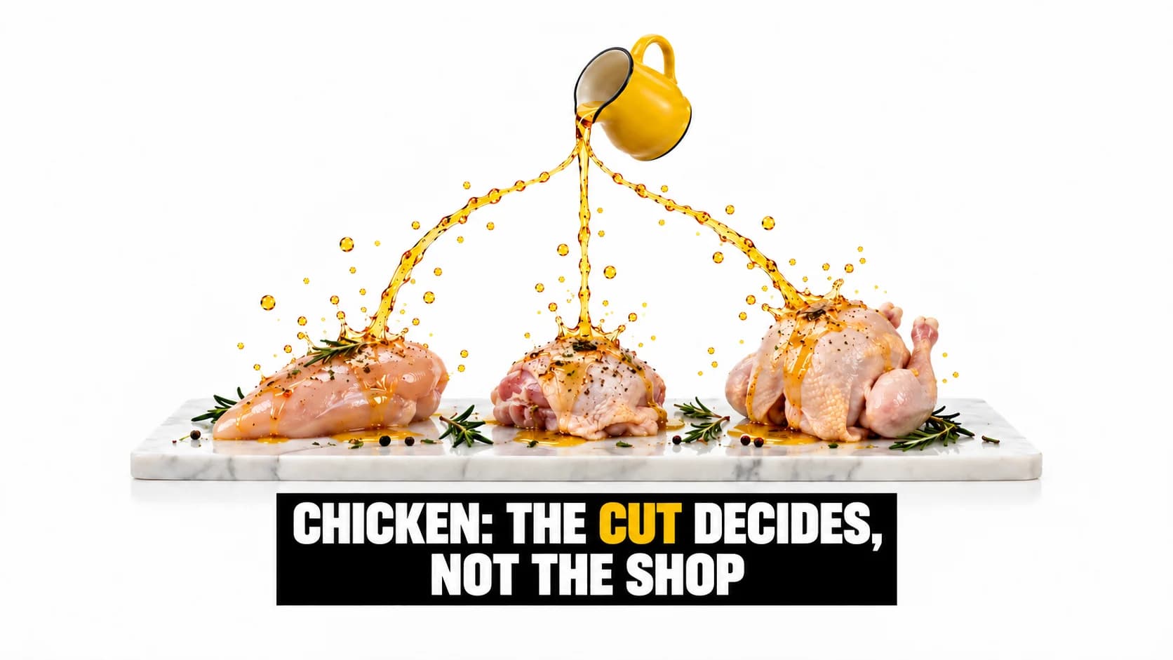 A stream of golden marinade splitting into three, one over each chicken cut