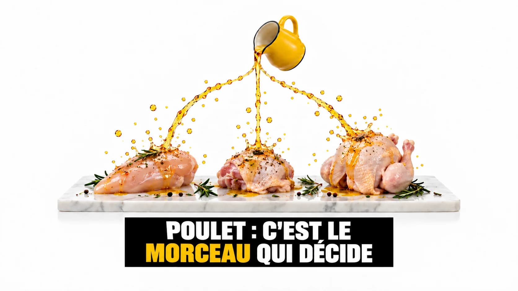 Un filet de marinade dorée se divise en trois jets au-dessus de trois morceaux de poulet
