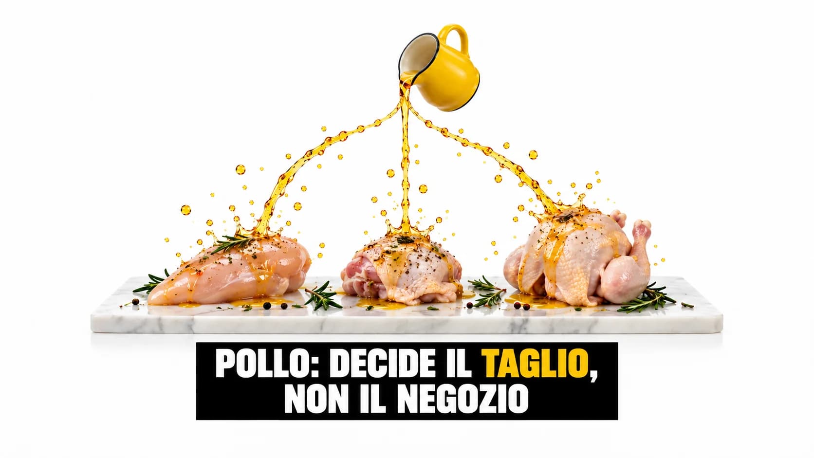 Una colata di marinata dorata si divide in tre getti su tre tagli di pollo