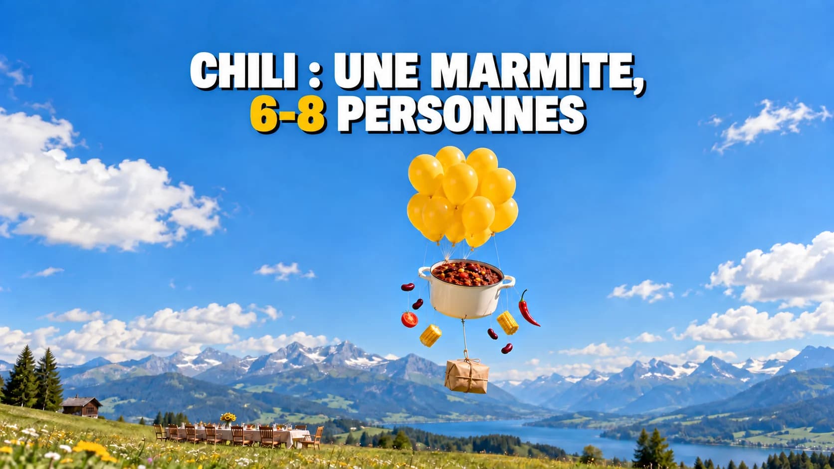 Une grande marmite de chili s’envole dans le ciel, portée par des ballons jaunes