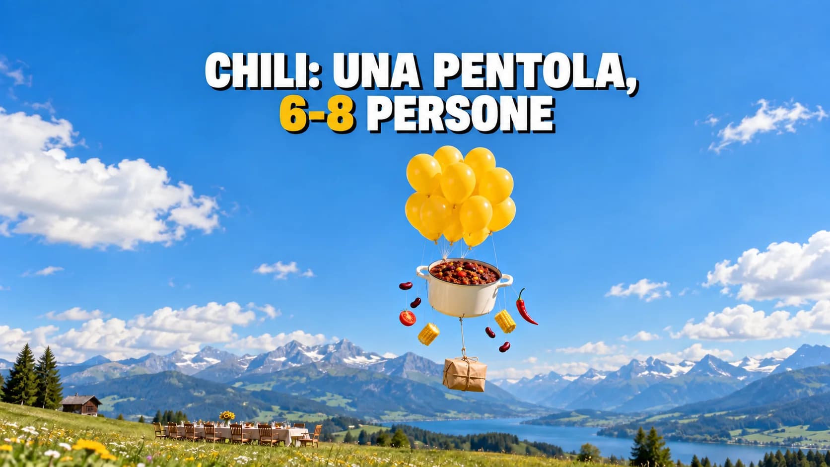 Una grande pentola di chili che vola in cielo appesa a palloncini gialli