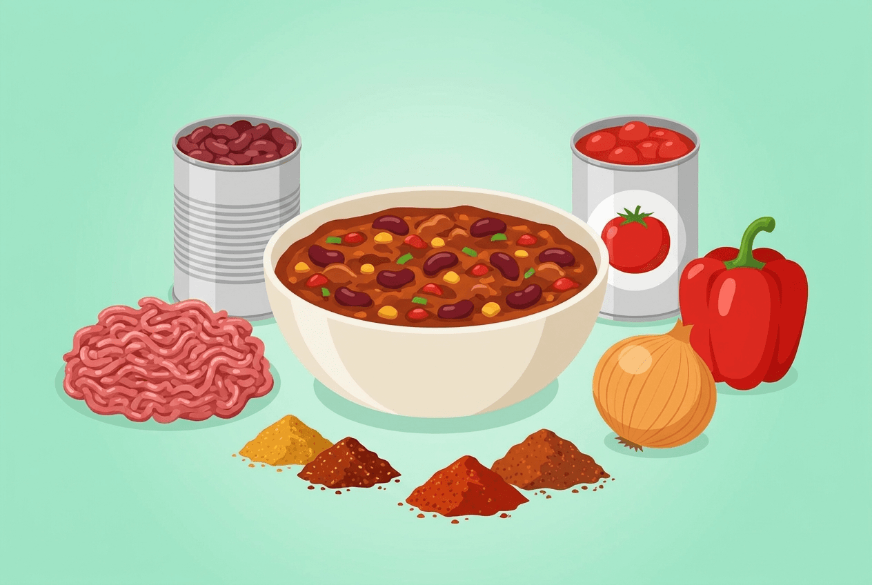Ein grosser Topf Chili con Carne mit Rindshackfleisch, roten Kidneybohnen und Tomaten für viele Gäste.