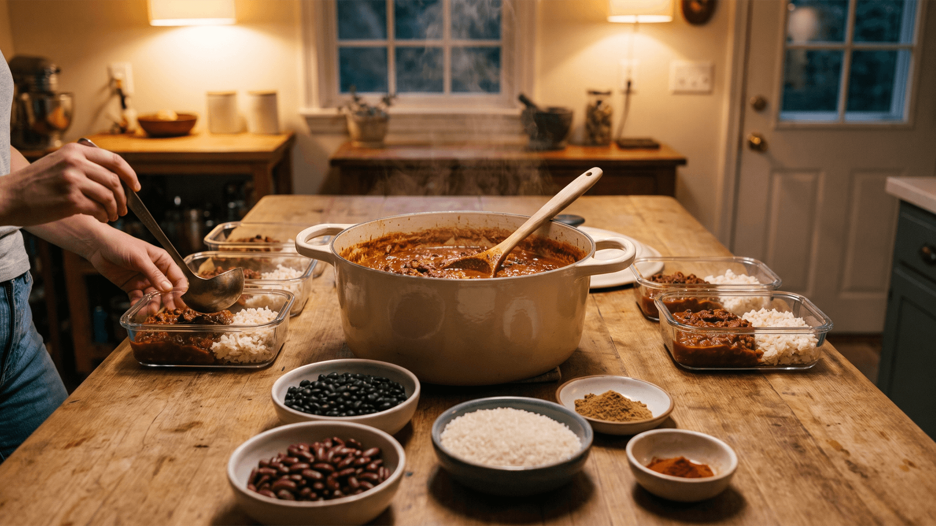 A large pot of chili con carne with minced beef, red kidney beans and tomatoes, served for a crowd.