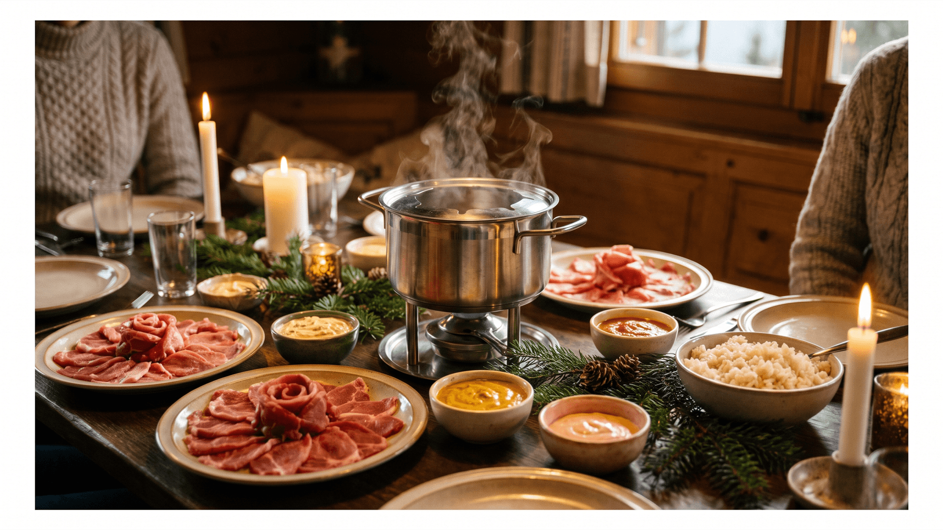 Swiss dining table with a caquelon of simmering bouillon, a platter of thinly sliced beef, veal, pork and chicken, sauce bowls and a separate plate for raw meat