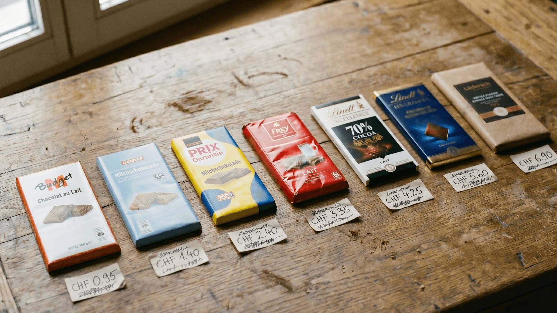 Tablettes de chocolat suisse Lindt, M-Budget, Frey, Cailler avec étiquettes de prix CHF