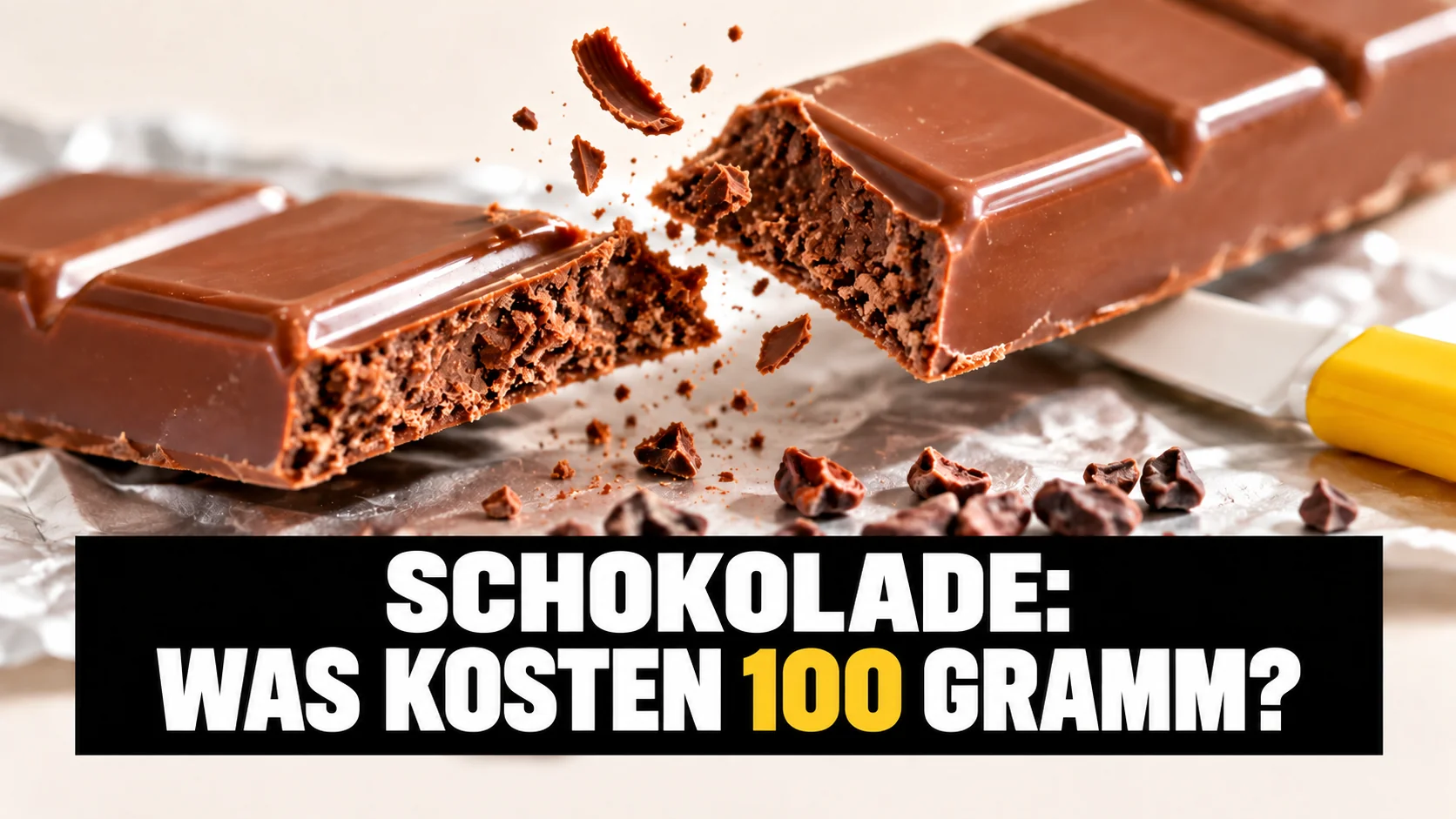 Nahaufnahme einer zerbrochenen Milchschokoladentafel mit Krümeln und Folie.