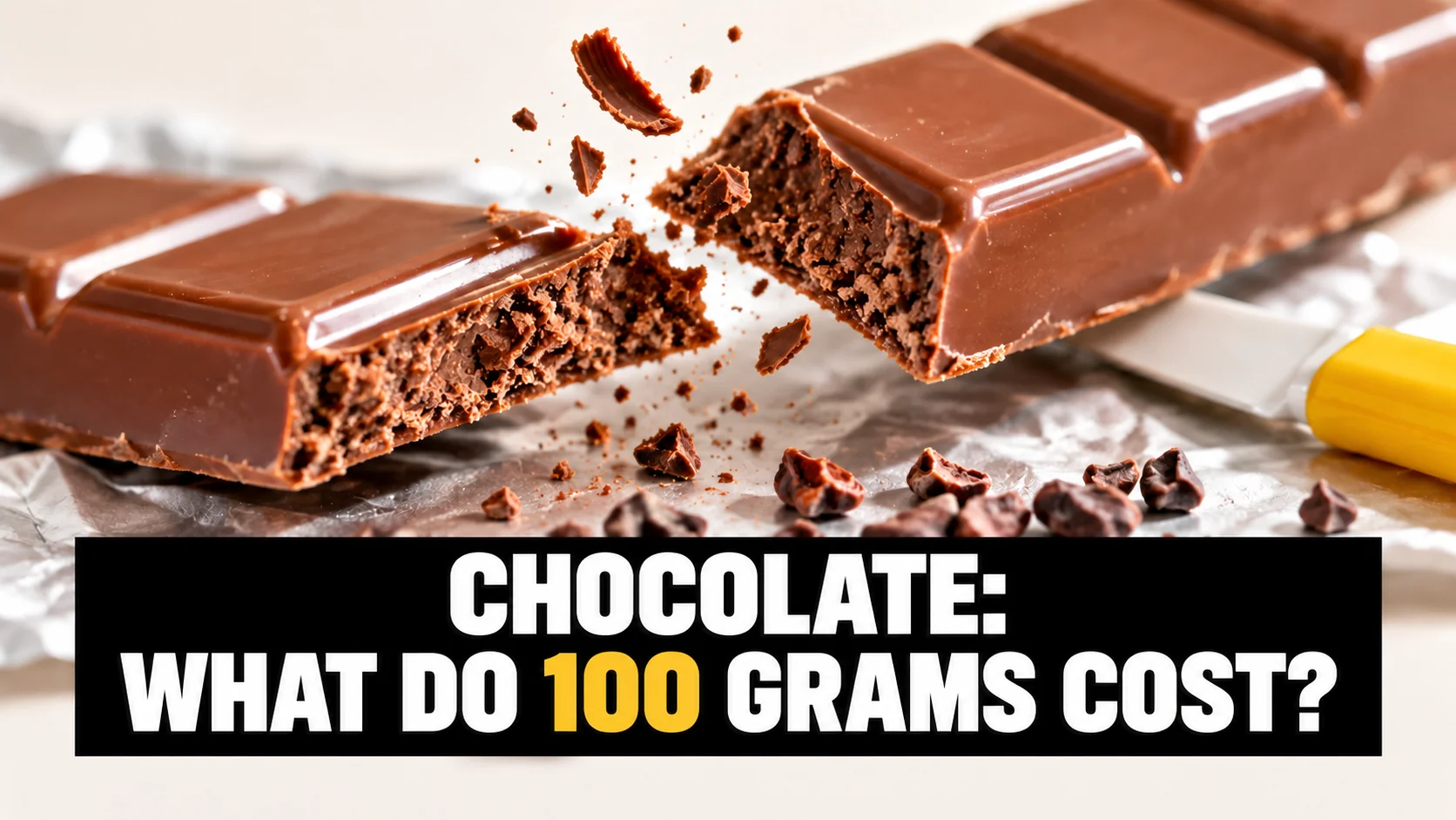Close-up of a snapped milk-chocolate bar with crumbs and foil.