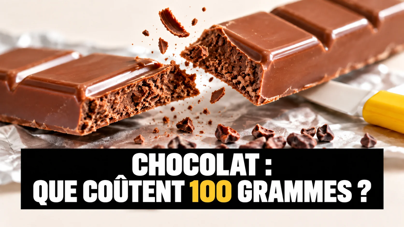 Gros plan d’une tablette de chocolat au lait cassée, avec miettes et papier aluminium.