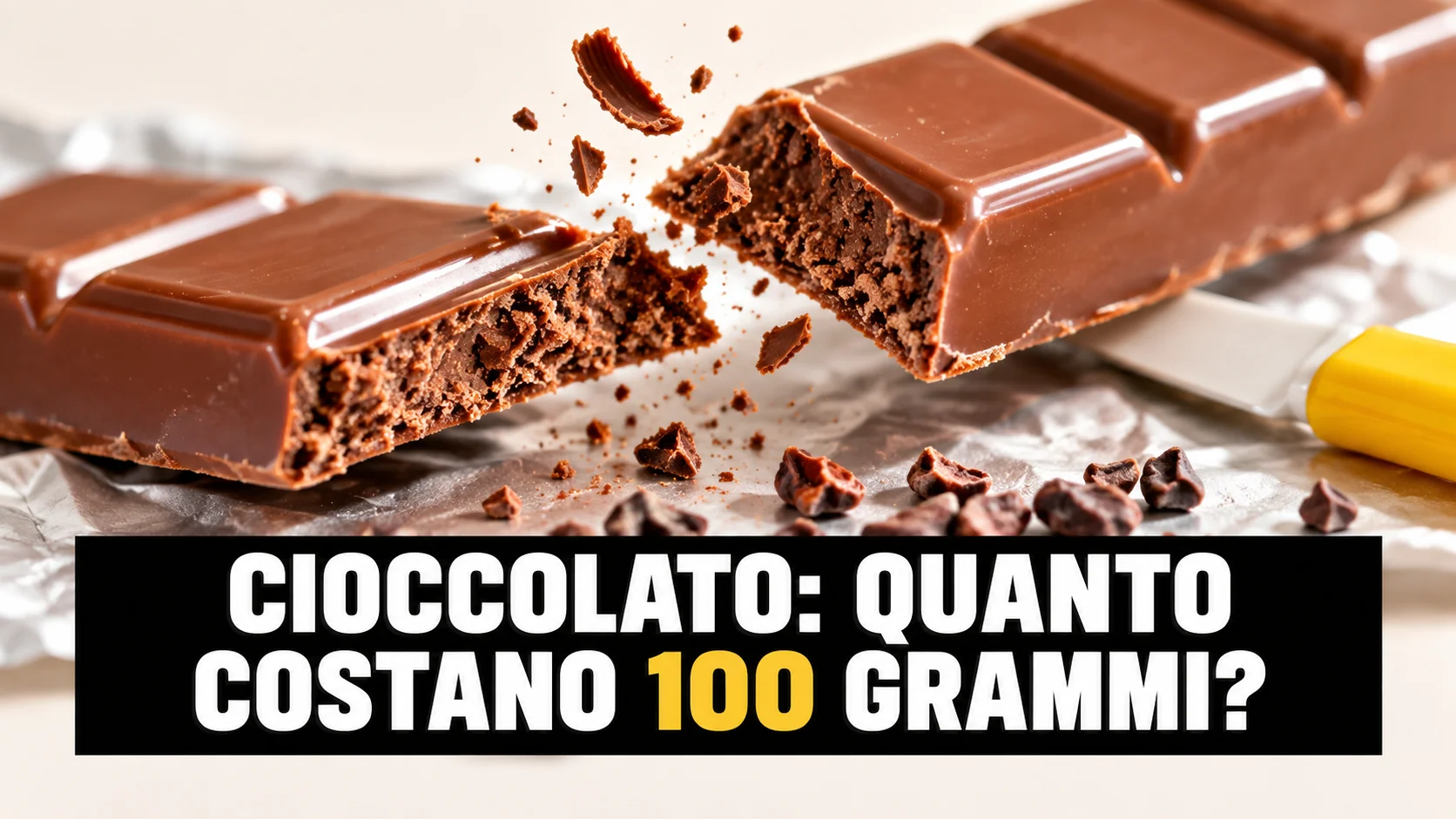Macro di una tavoletta di cioccolato al latte spezzata in due, con briciole sospese in aria e un manico di coltello giallo al bordo.