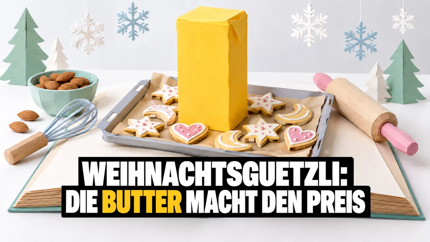 Papier-Pop-up mit Weihnachtsguetzli und einem übergrossen gelben Butterblock.
