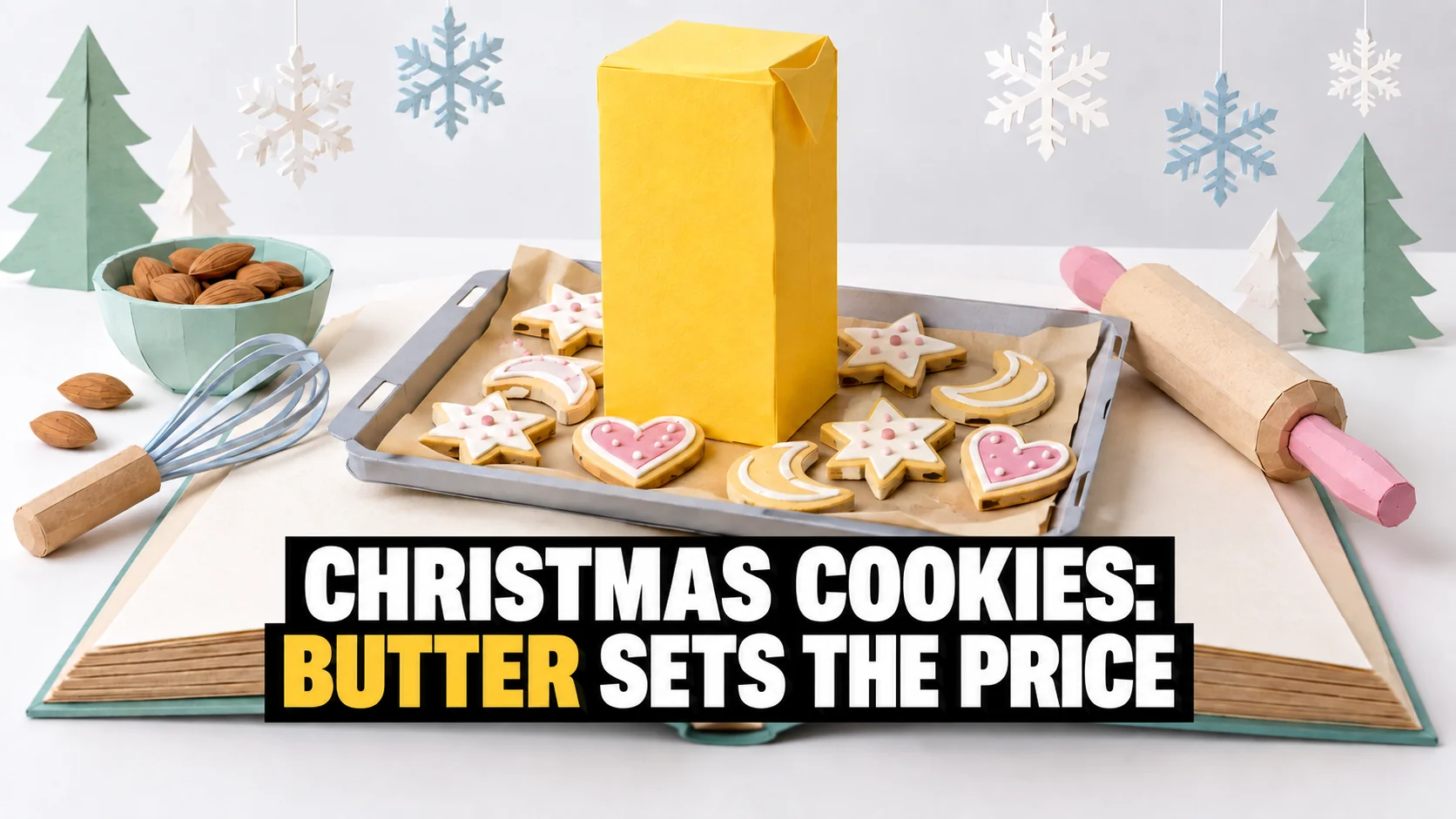 Paper pop-up Christmas cookies with an oversized yellow block of butter.