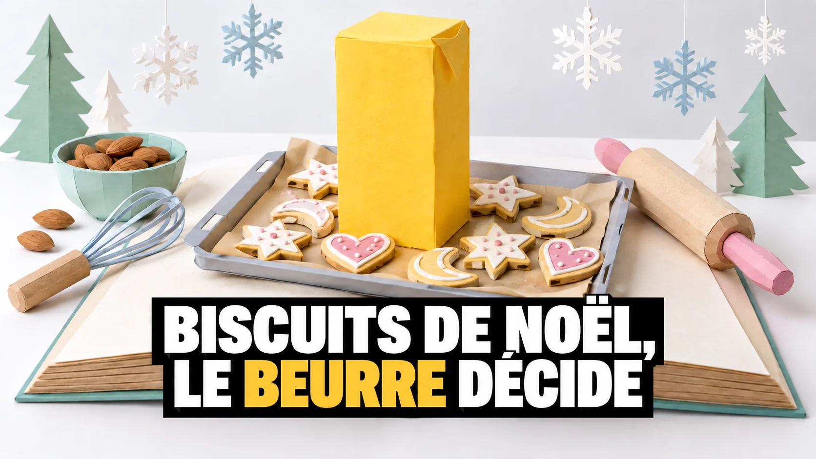 Pop-up de biscuits de Noël en papier avec un immense bloc de beurre jaune.