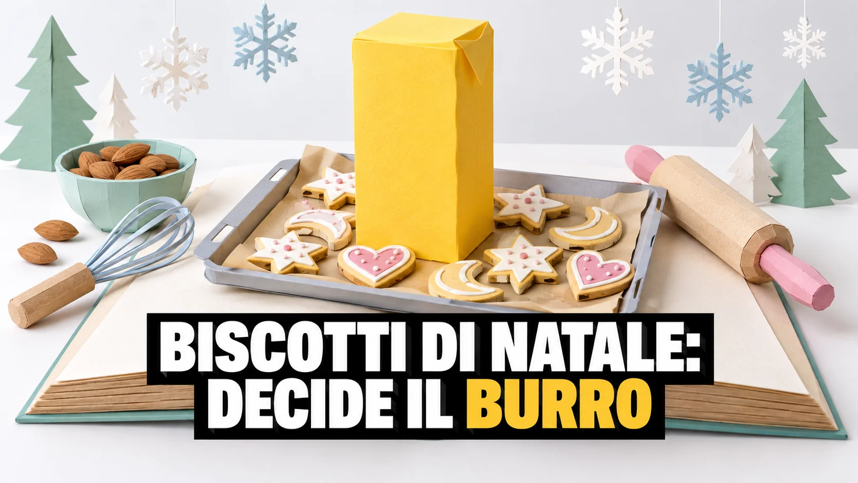 Pop-up di carta con una teglia di biscotti natalizi e un blocco di burro giallo altissimo al centro