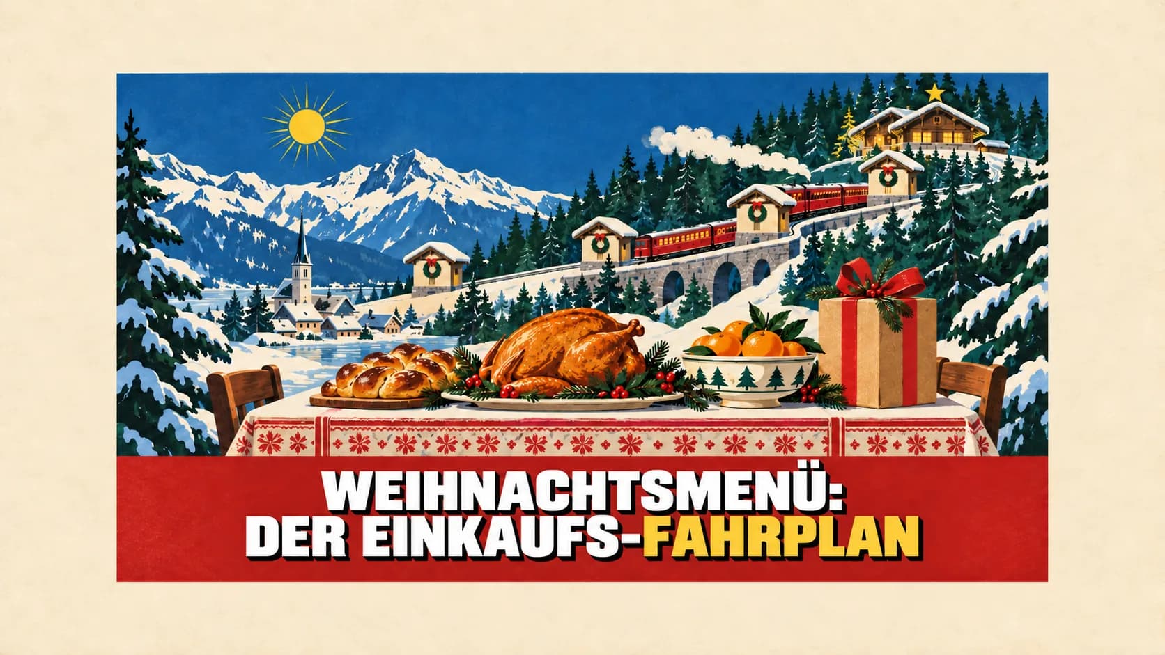 Retro-Plakat eines verschneiten Dorfs mit einem Zug mit vier Haltestellen und einem Weihnachtstisch